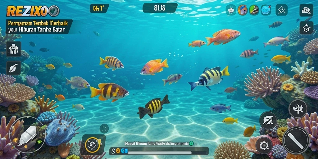 Tangkapan layar gameplay seru di REZIXO, menembak ikan di lautan.